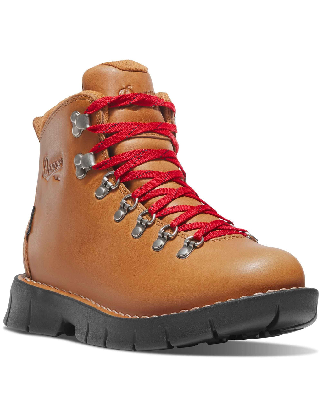 Tan hiking boot with red laces, metal eyelets, black rubber sole