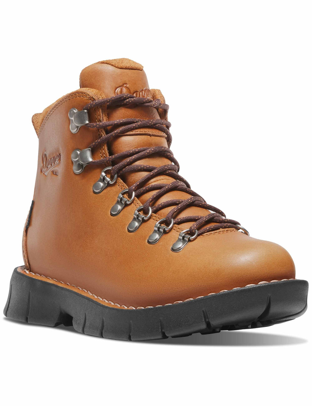 Tan hiking boot with dark laces, metal eyelets, black rubber sole