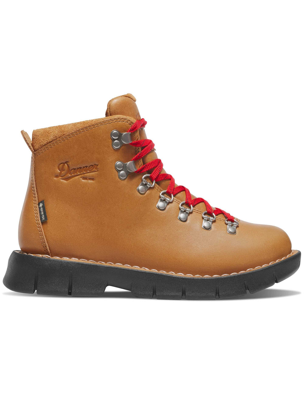 Tan hiking boot with red laces, metal eyelets, black rubber sole