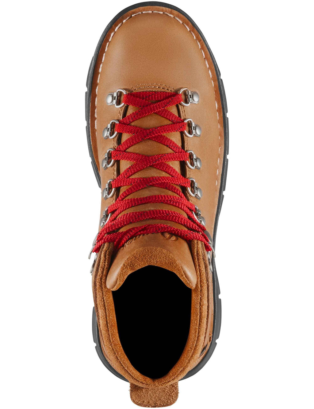 Tan hiking boot with red laces, metal eyelets, padded collar opening
