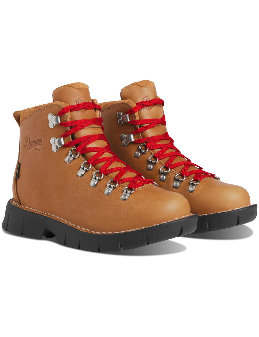 Pair of tan hiking boots with red laces and black rubber soles
