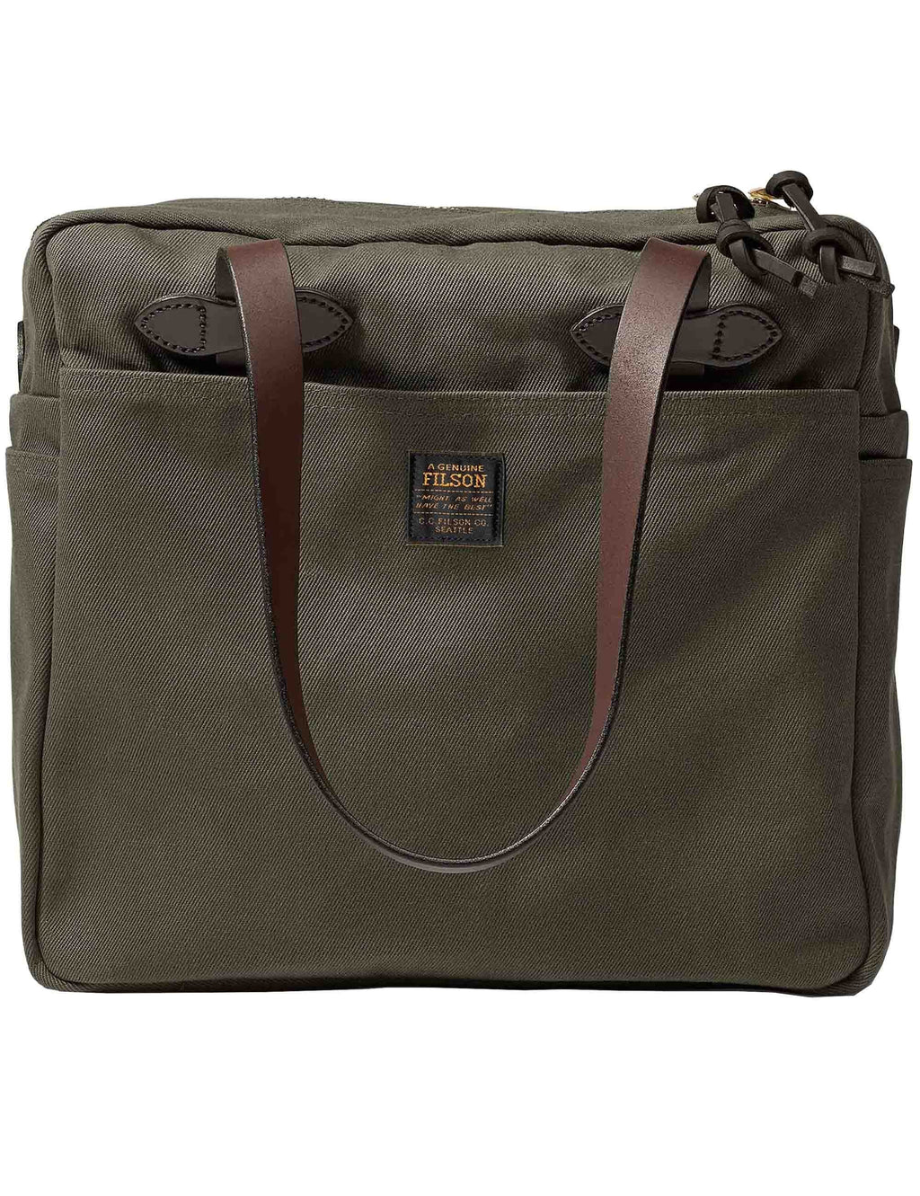 Zippered tote bag in dark green with two top handles and front pocket