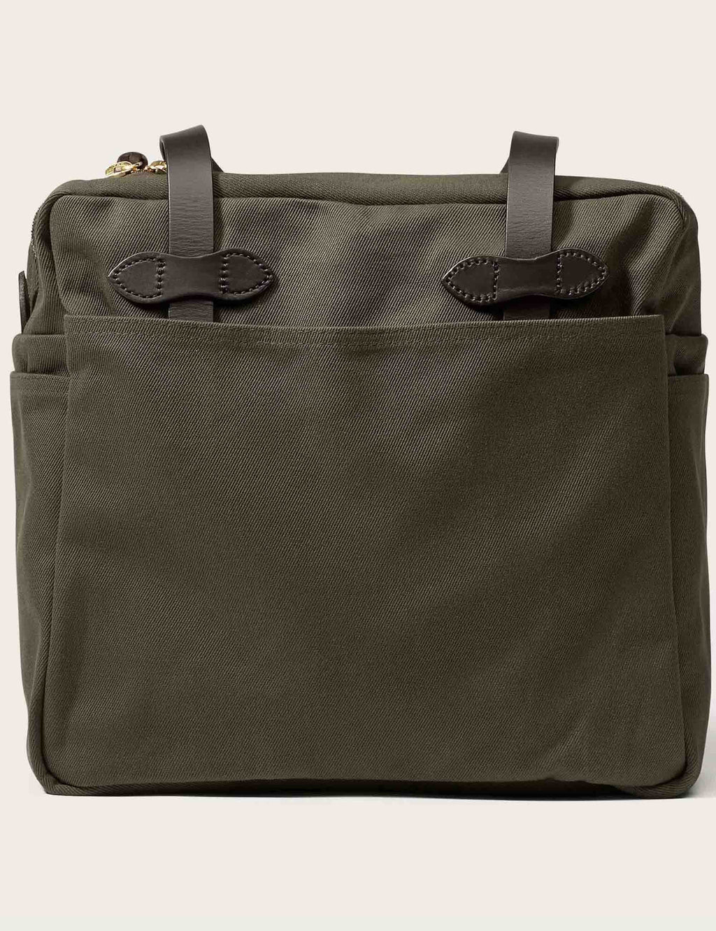 Zippered tote bag in dark green with front organizer pocket and stitched handles