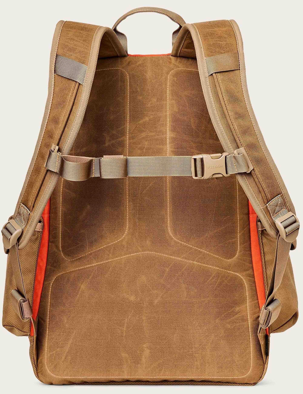 Tan backpack interior view with two shoulder straps and front webbing harness