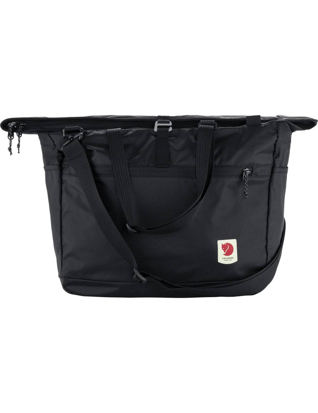 Black tote bag with top zipper, long shoulder strap, and front pocket