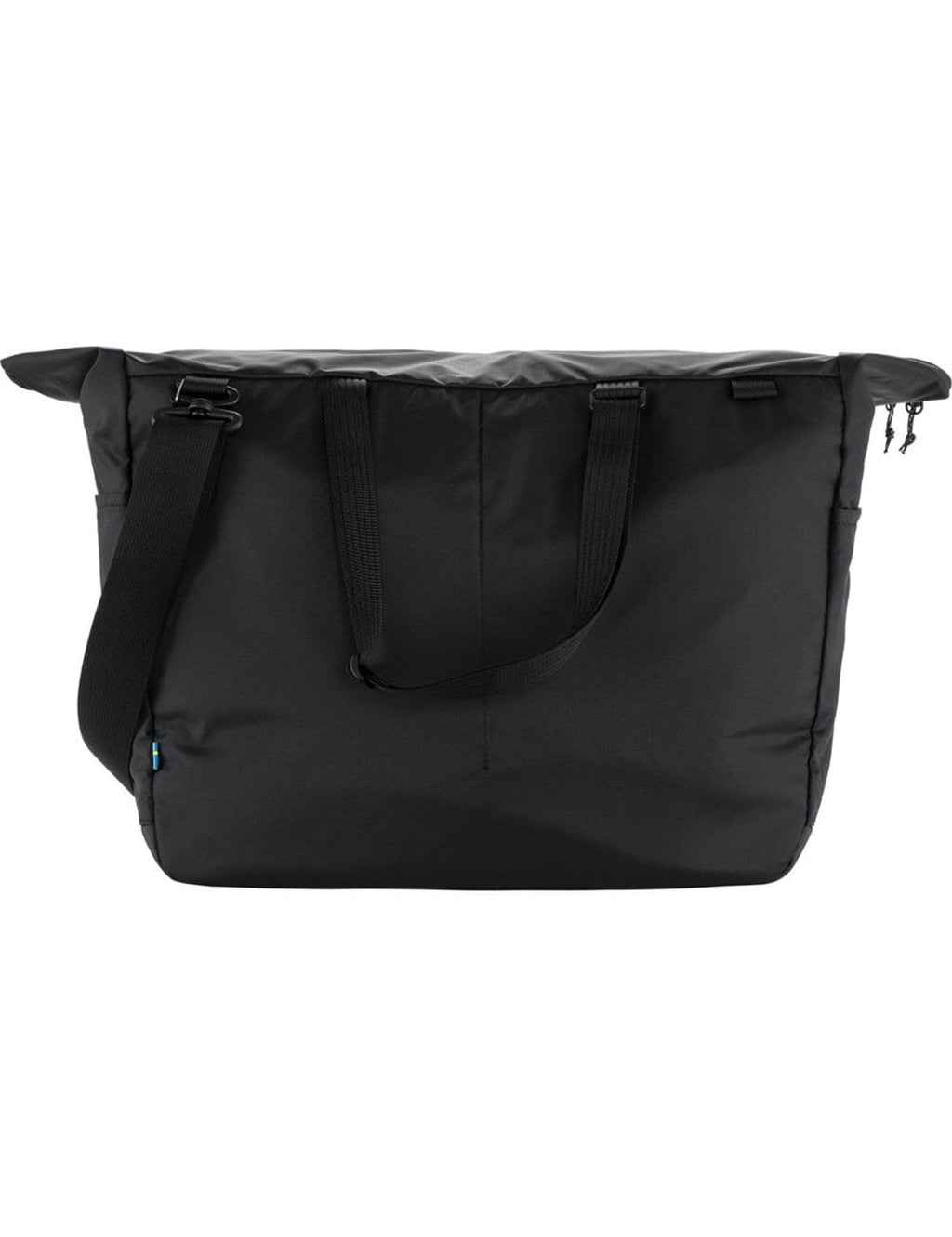 Black tote bag with top zipper, carry handles, and front pocket panels