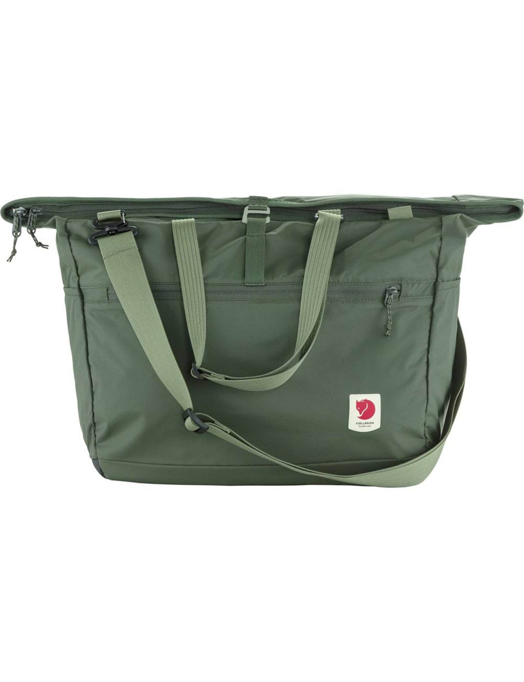 Green 30L tote bag with dual top handles, adjustable shoulder strap, zip closure