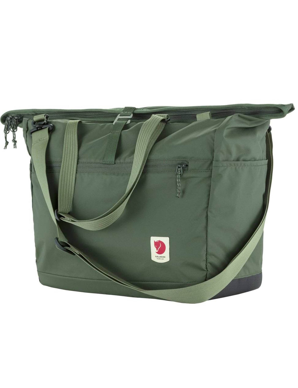 Green tote bag with front zip pocket, crossbody strap, top handle and carabiner loops