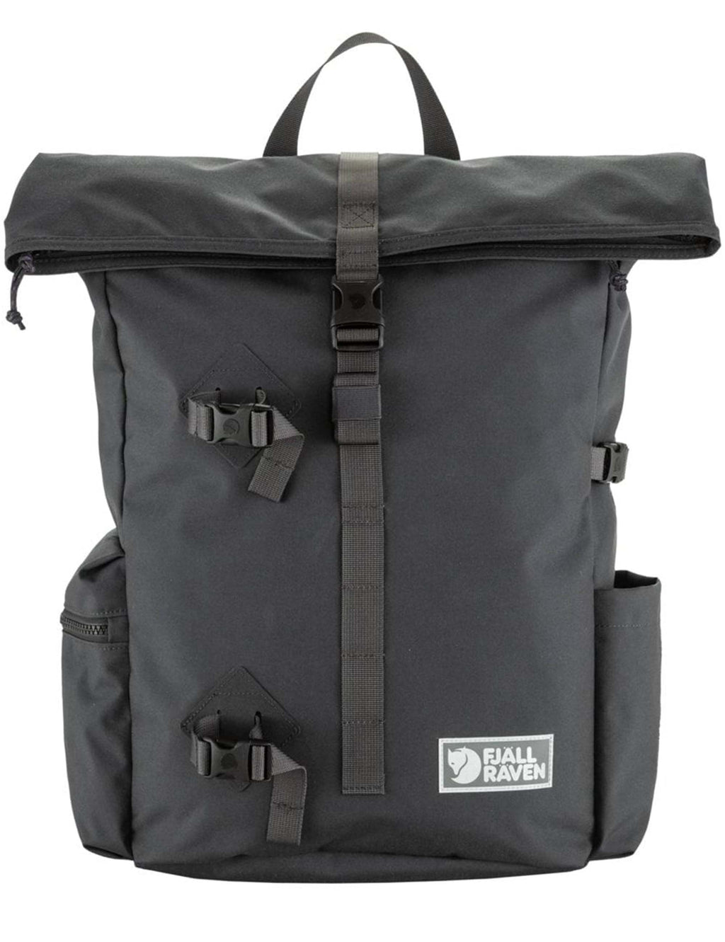 Coal black backpack with front flap, buckle strap, top handle, and Fjällräven logo