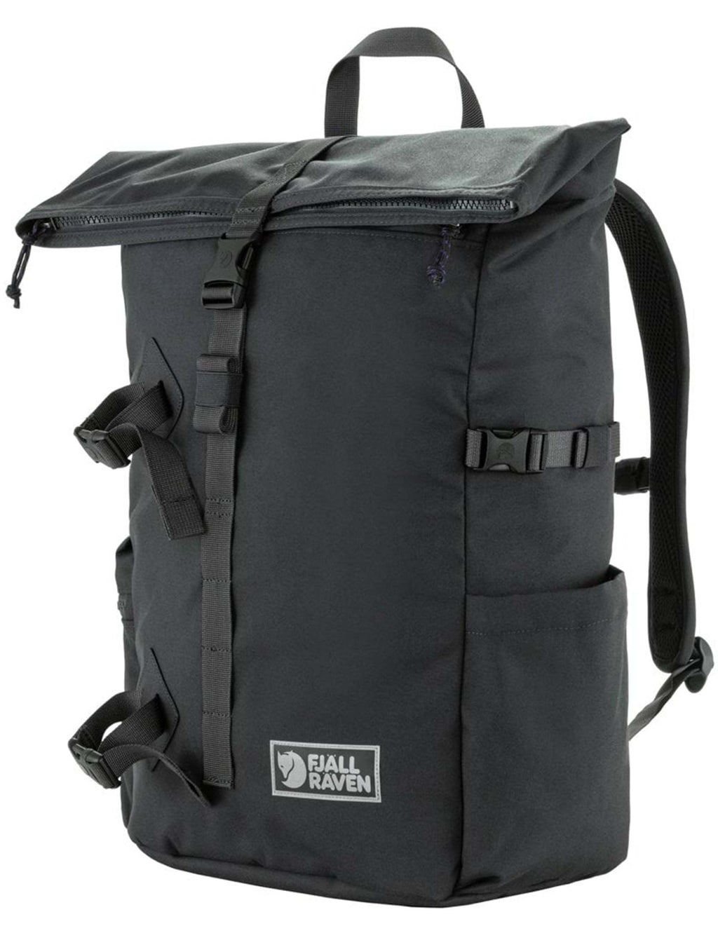 Coal black backpack with side strap, top flap, side pocket, and Fjällräven logo patch