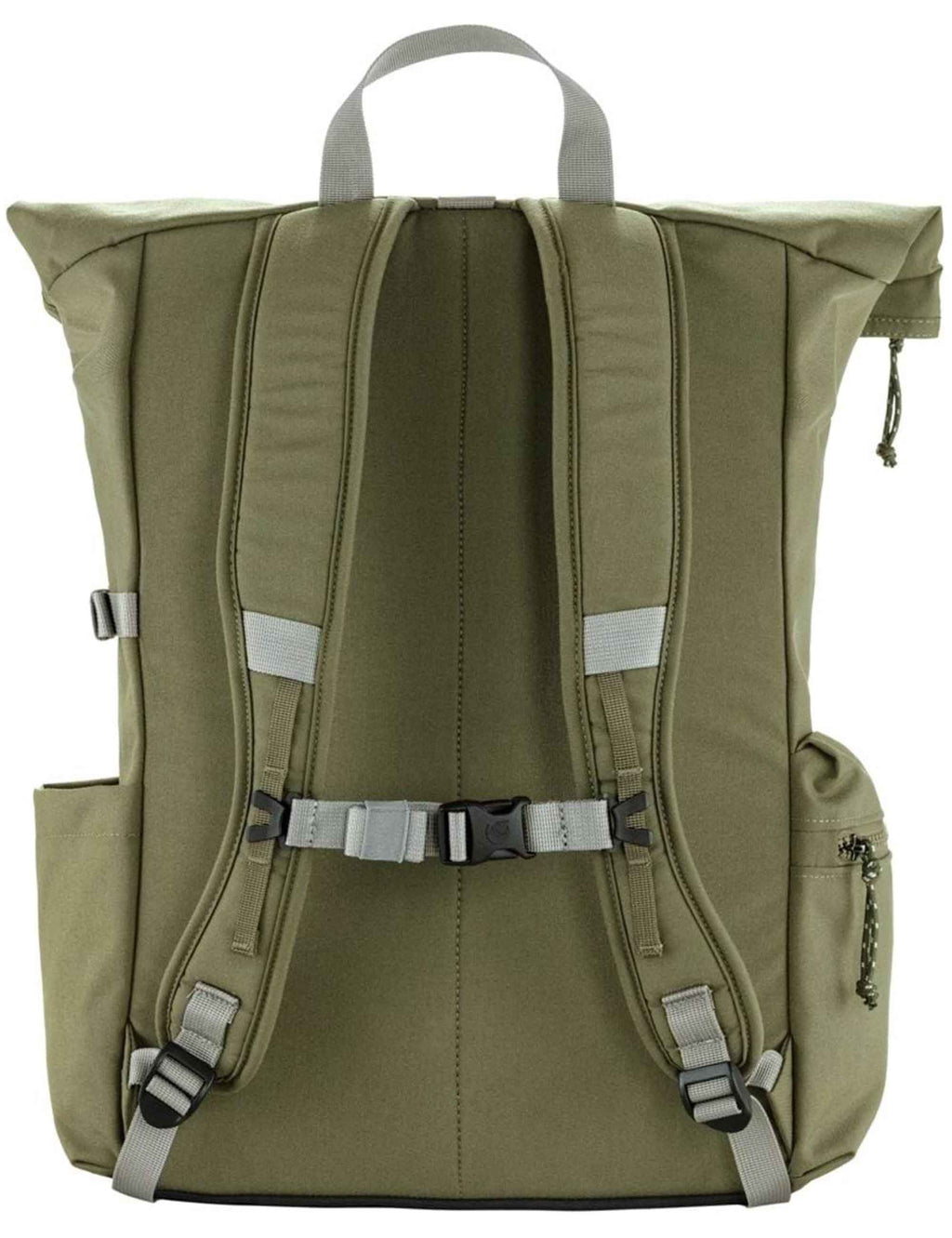 Green backpack with padded back panel, shoulder straps, top handle, side zipper pocket