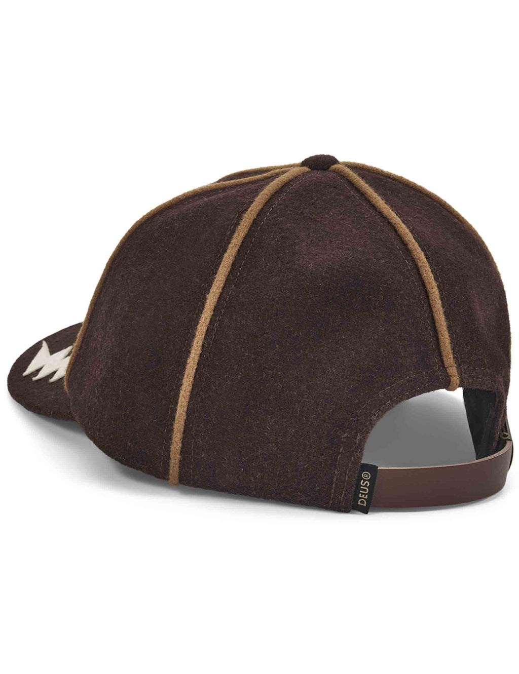 Dark brown baseball cap with curved brim, back view, beige edging and adjust strap