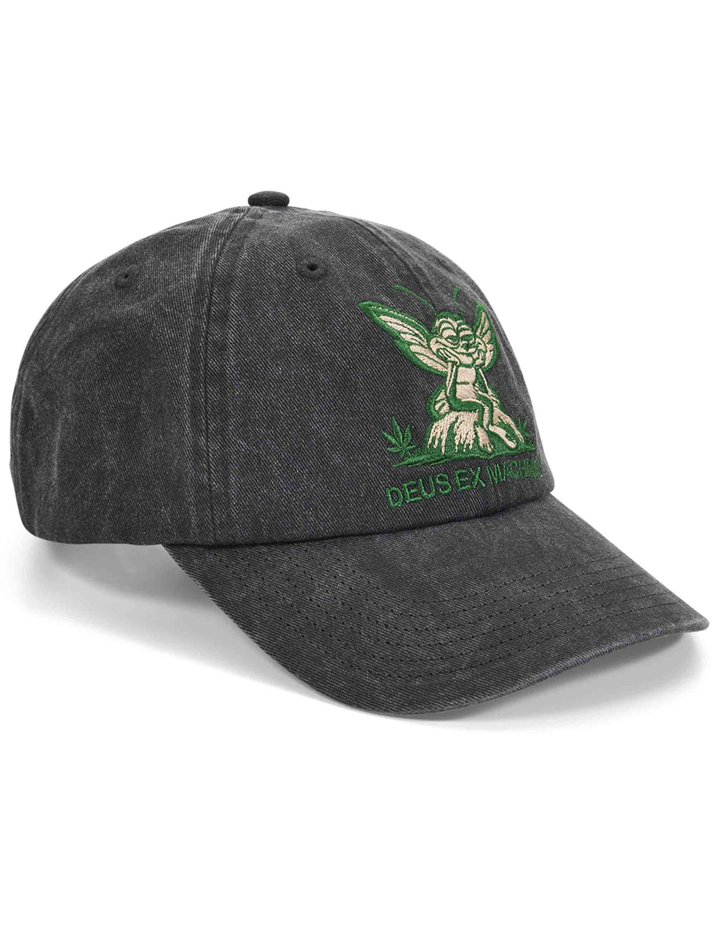 Anthracite dad cap with green logo and 'DEUS EX MACHINA' text on front
