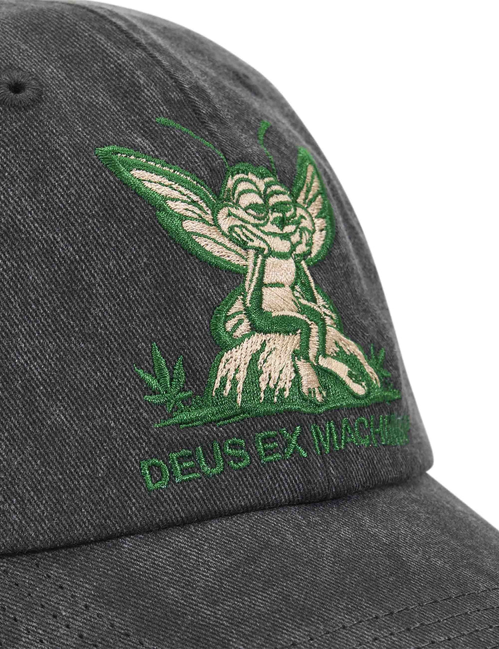 Anthracite dad cap close-up of green winged figure logo and 'DEUS EX MACHINA'