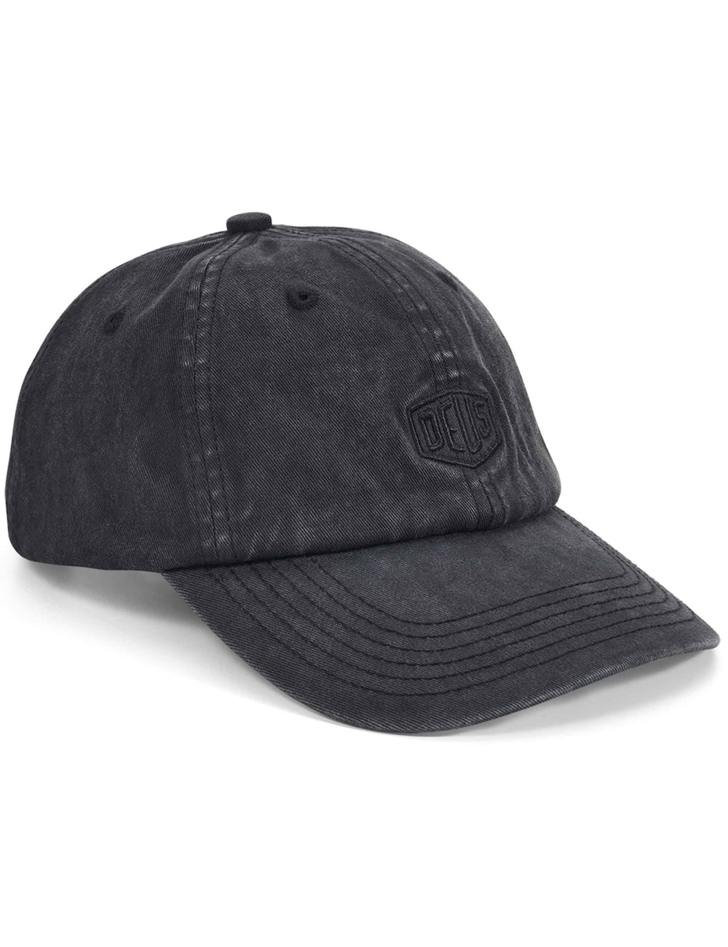 Black garment-dyed dad cap with curved brim and embroidered shield logo