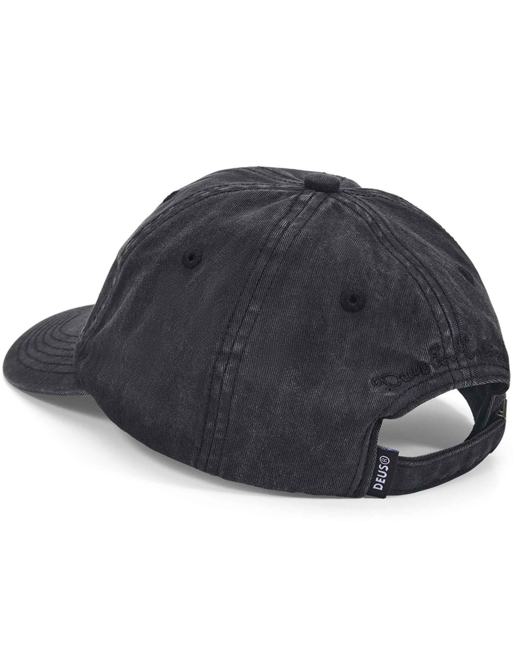 Black garment-dyed dad cap side view with open back strap and shield logo