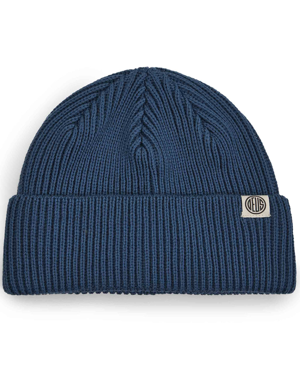 Legion Blue merino beanie hat with cable knit top, ribbed cuff, logo patch