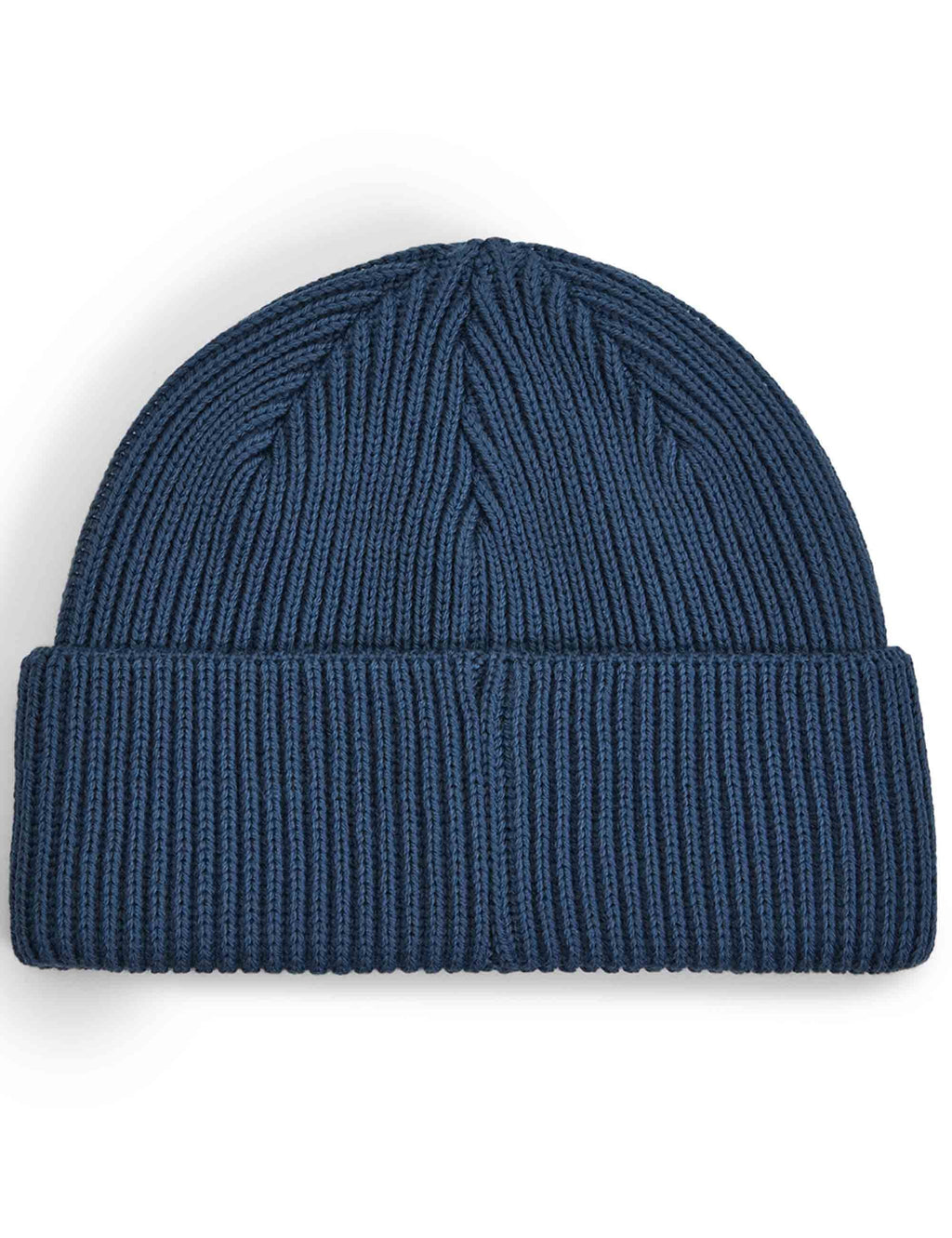 Legion Blue merino beanie hat with cable knit crown and ribbed fold-over cuff