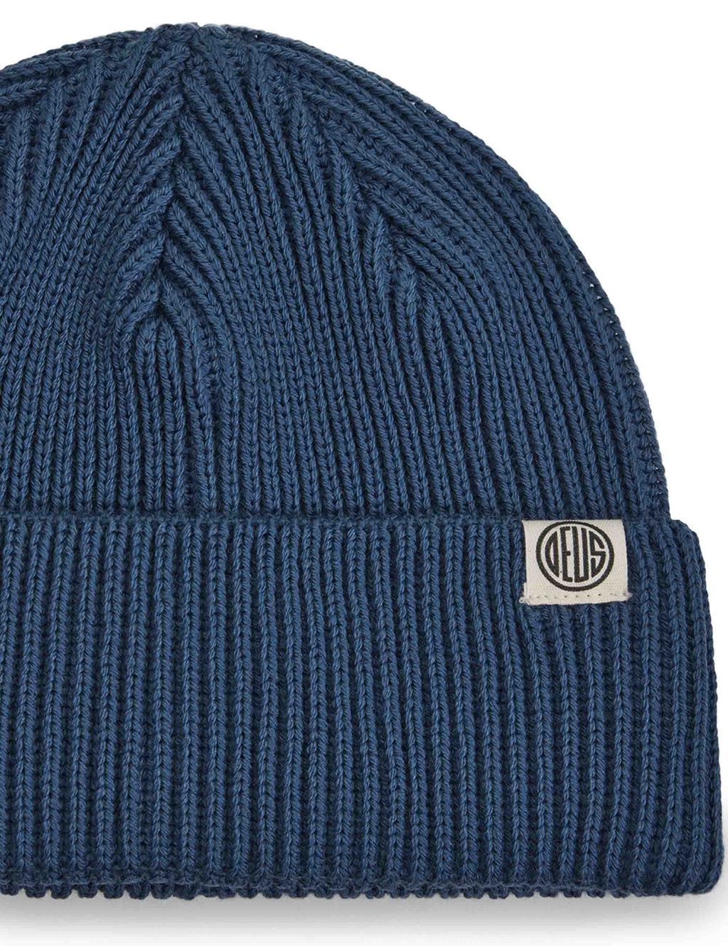 Legion Blue merino beanie hat with stitched cable pattern and woven side logo patch