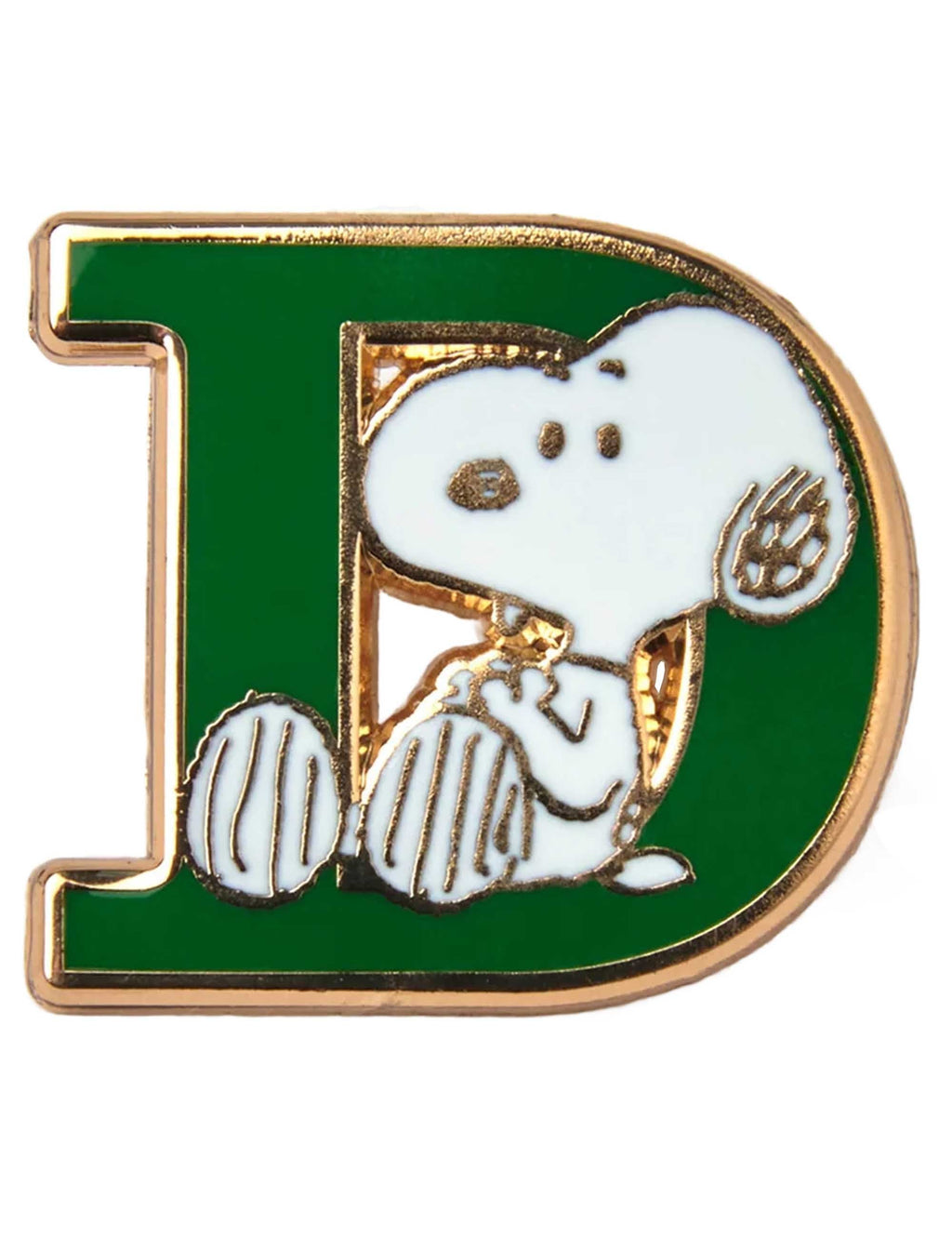 Enamel pin badge letter D with Snoopy inside green and white