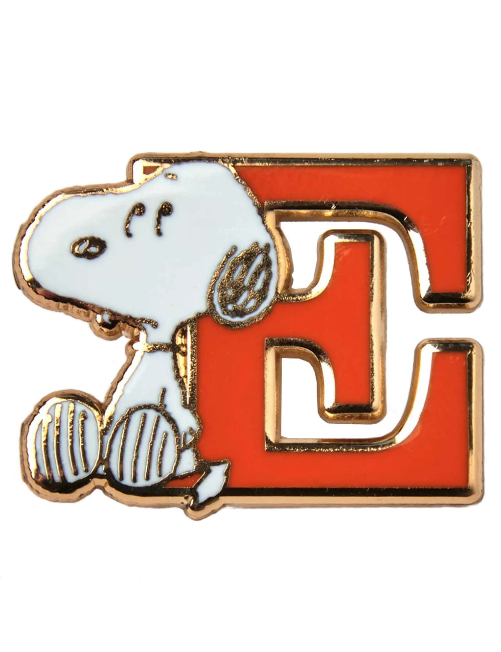 Enamel pin badge: white Snoopy with gold outline next to red letter E