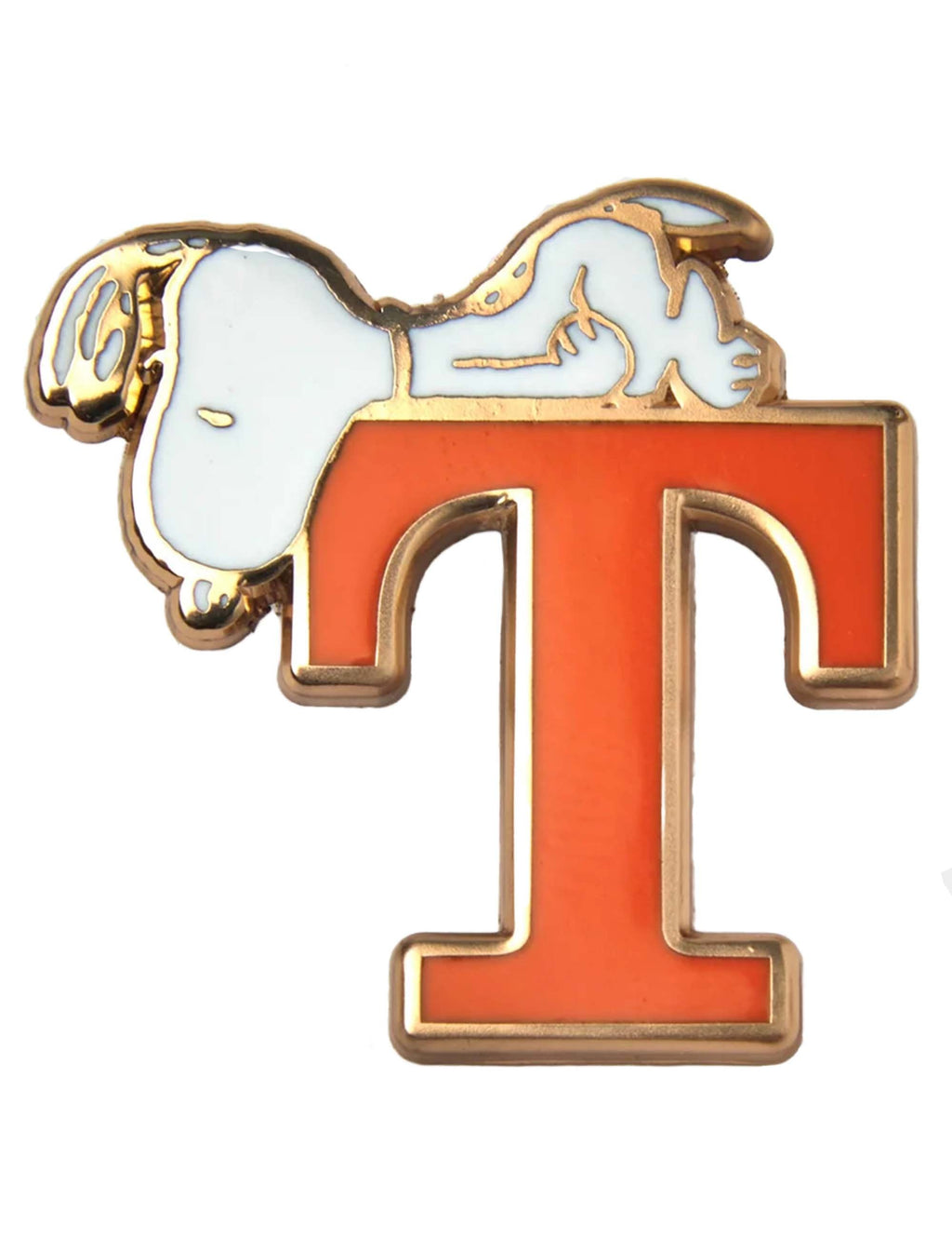 Enamel alphabet pin badge with Snoopy and red letter T, gold outline