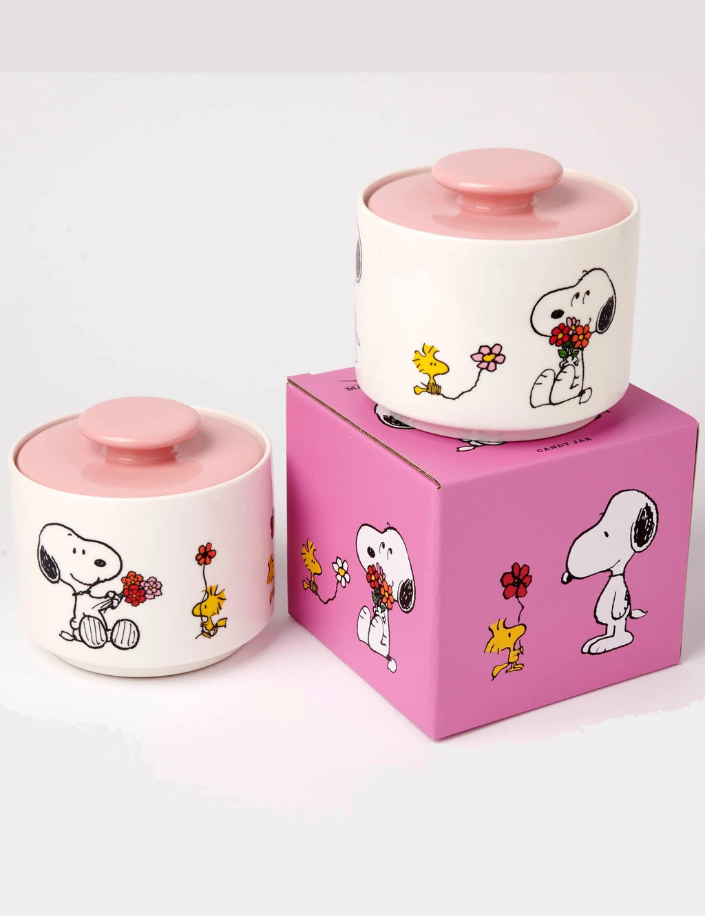 Candy jar and pink gift box set with Snoopy illustrations and pink lid