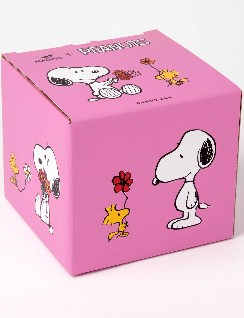 Pink candy jar packaging box with Snoopy and peanuts pattern, illustrated Snoopy dog