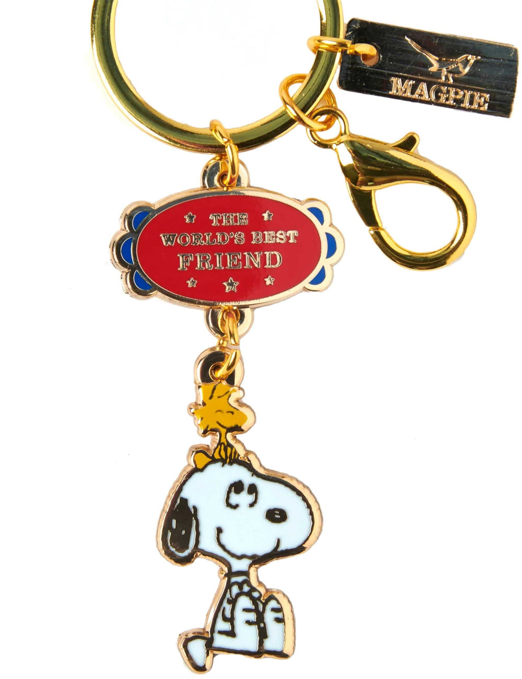 Snoopy enamel keychain with 'World's Best Friend' tag and hanging charm