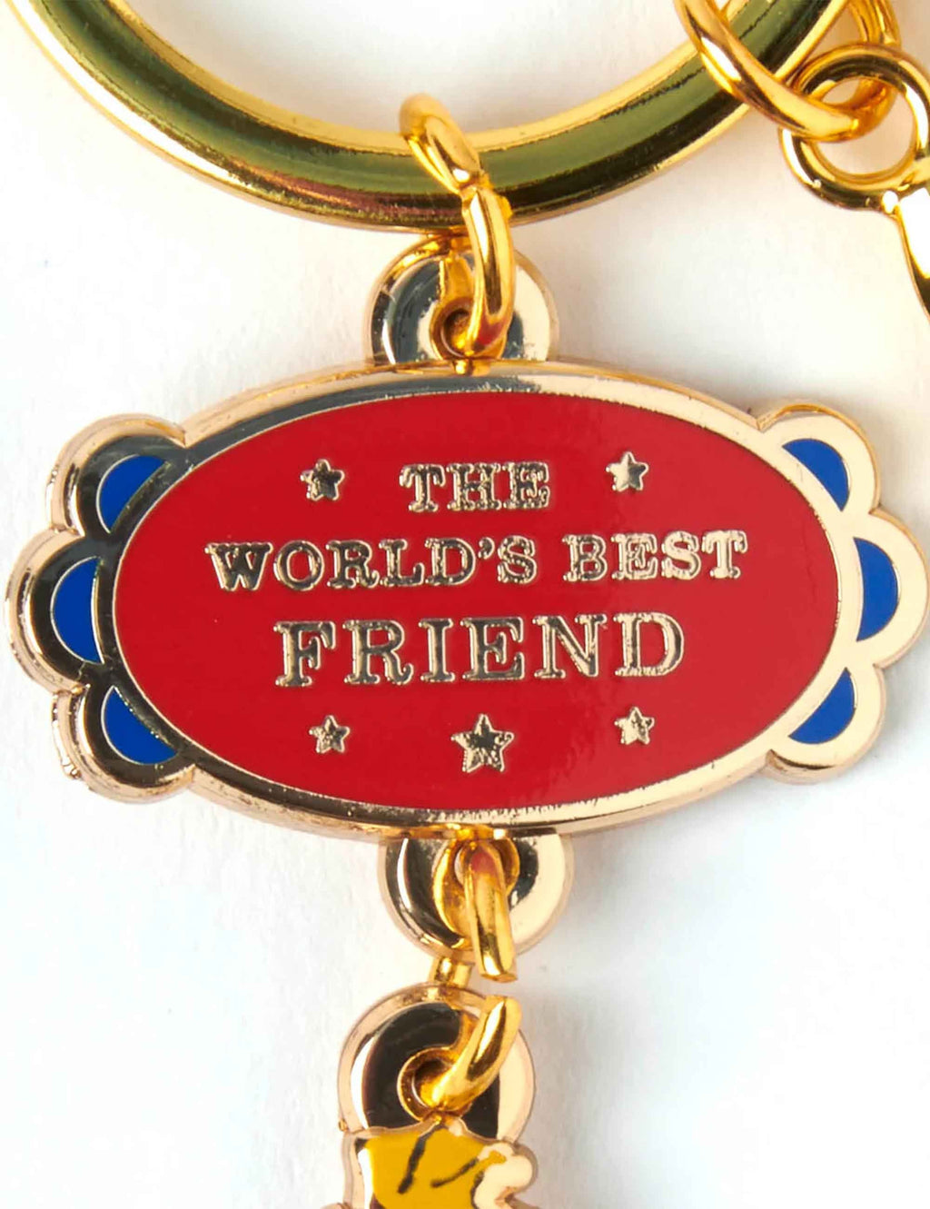 Oval enamel charm keychain with red 'World's Best Friend' text and blue side details