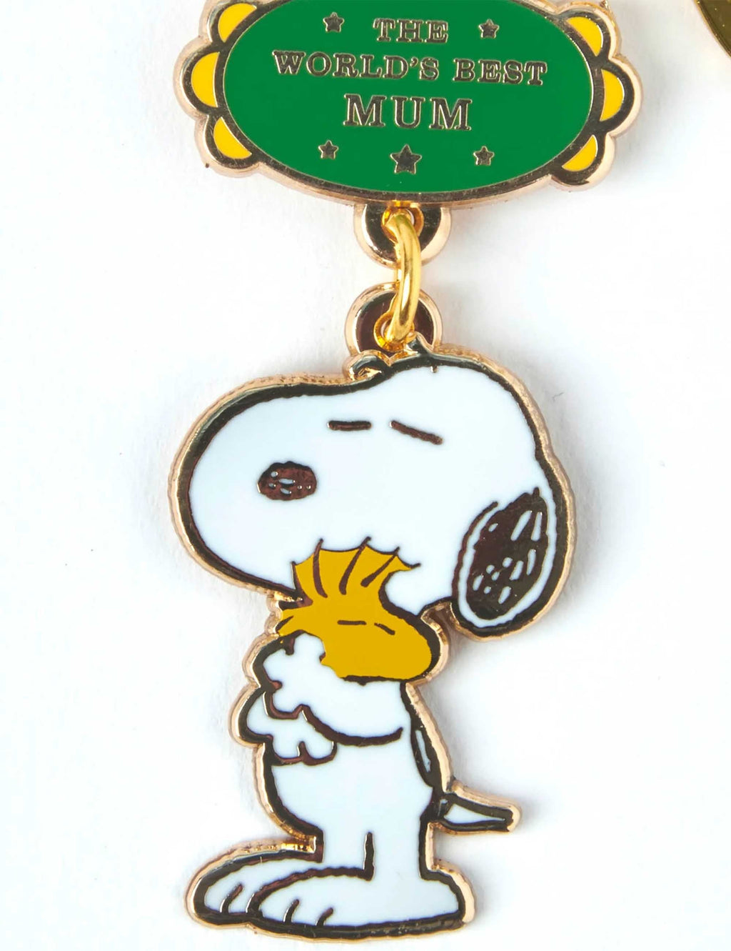 Snoopy World's Best Keychain - Mum by Magpie — Snoopy dog pendant beneath green World's Best Mum oval tag