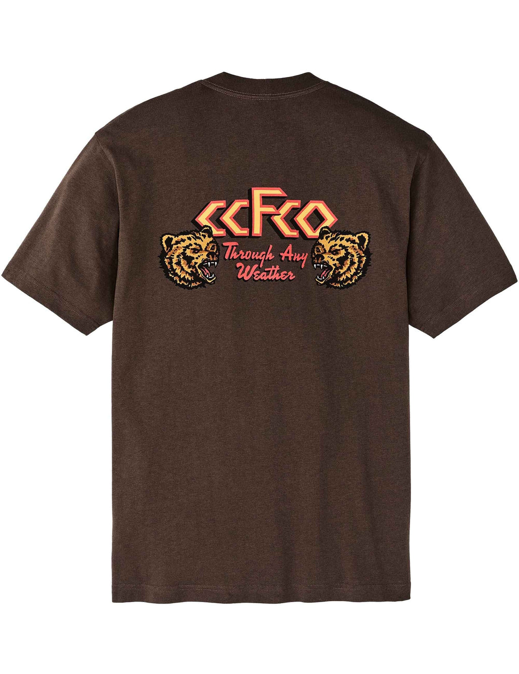 Dark brown graphic T-shirt with FCRO emblem and slogan print at center