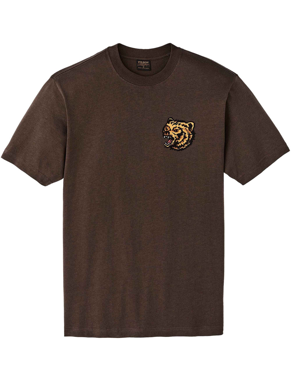 Dark brown graphic T-shirt with small crest logo on left chest