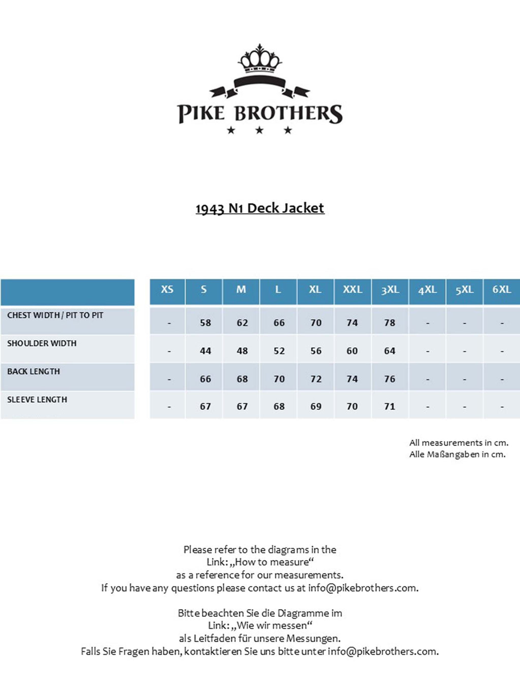 Pike Brothers 1943 N1 deck jacket size chart with measurements in cm