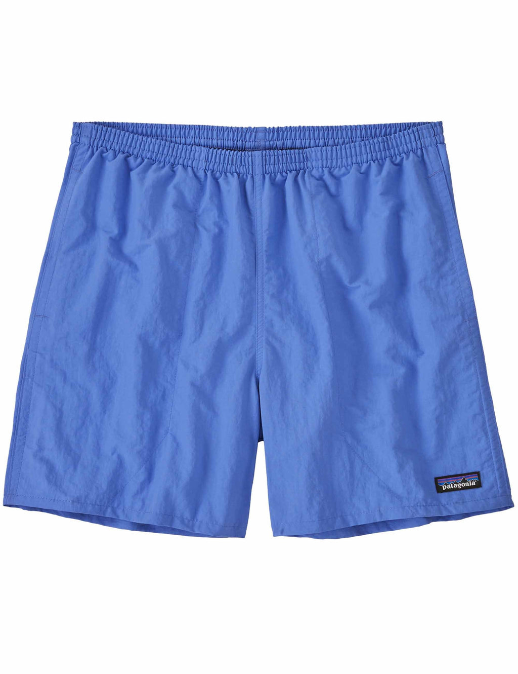 Blue pull-on shorts with elastic waistband and small logo patch at hem.