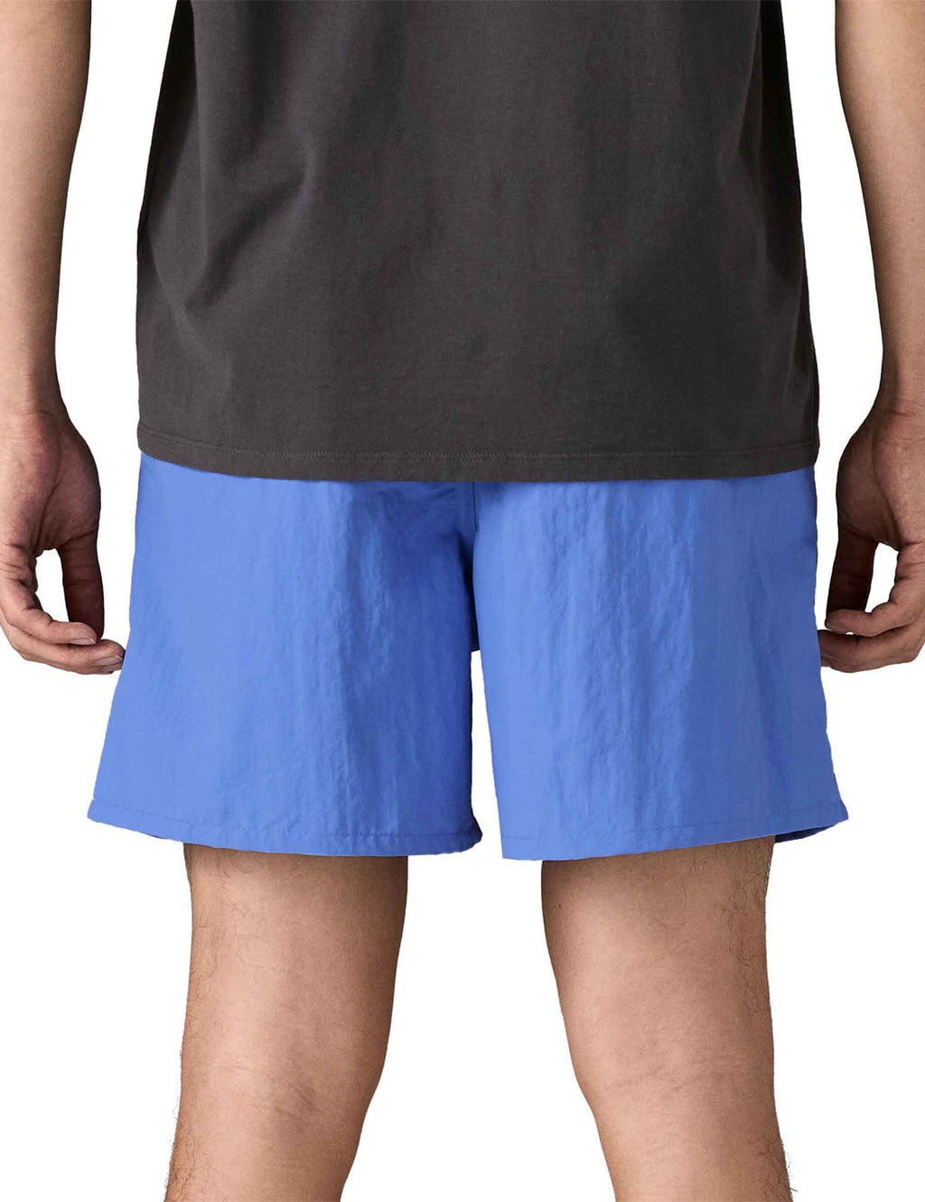 Blue shorts shown from back with elastic waistband and hem logo label.