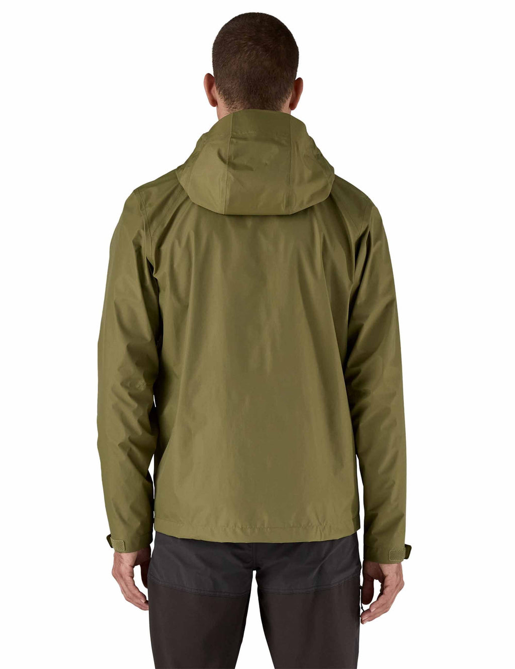 Tent green 3L jacket with hood and back panel seams, full-length zipper