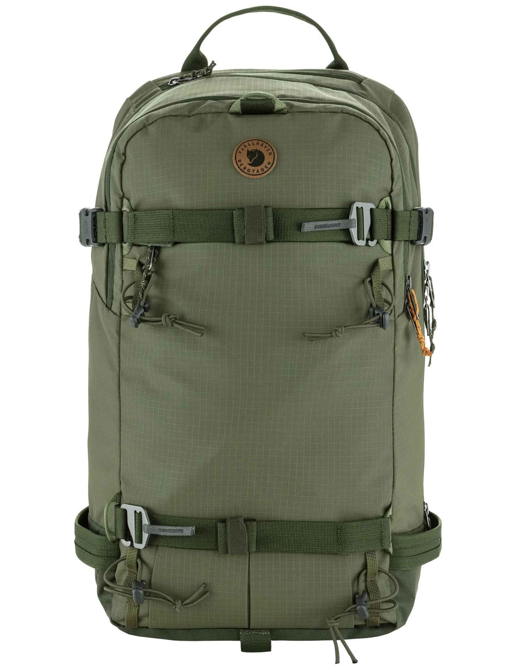 Touring backpack, laurel green, front zip pocket and adjustable webbing straps