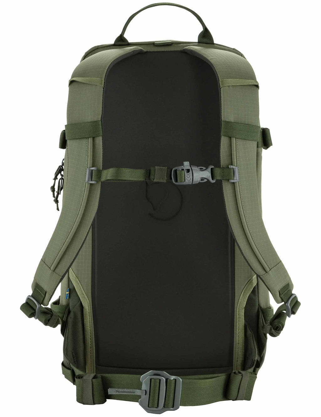 Touring backpack back panel in laurel green with padded straps and adjustable waist belt