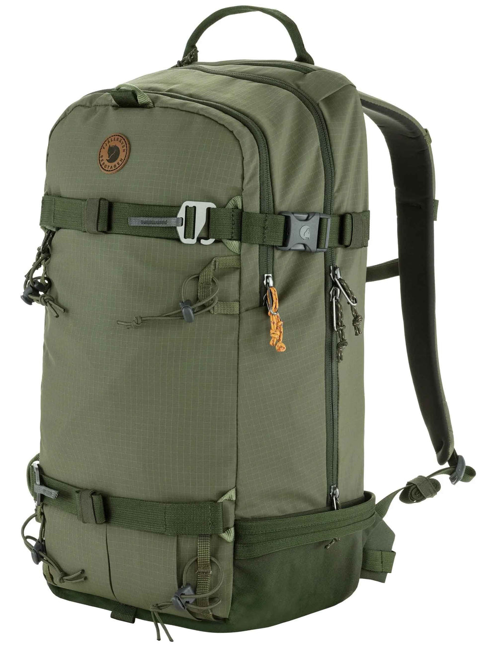 Touring backpack in laurel green with front organizer pocket and side hanging straps