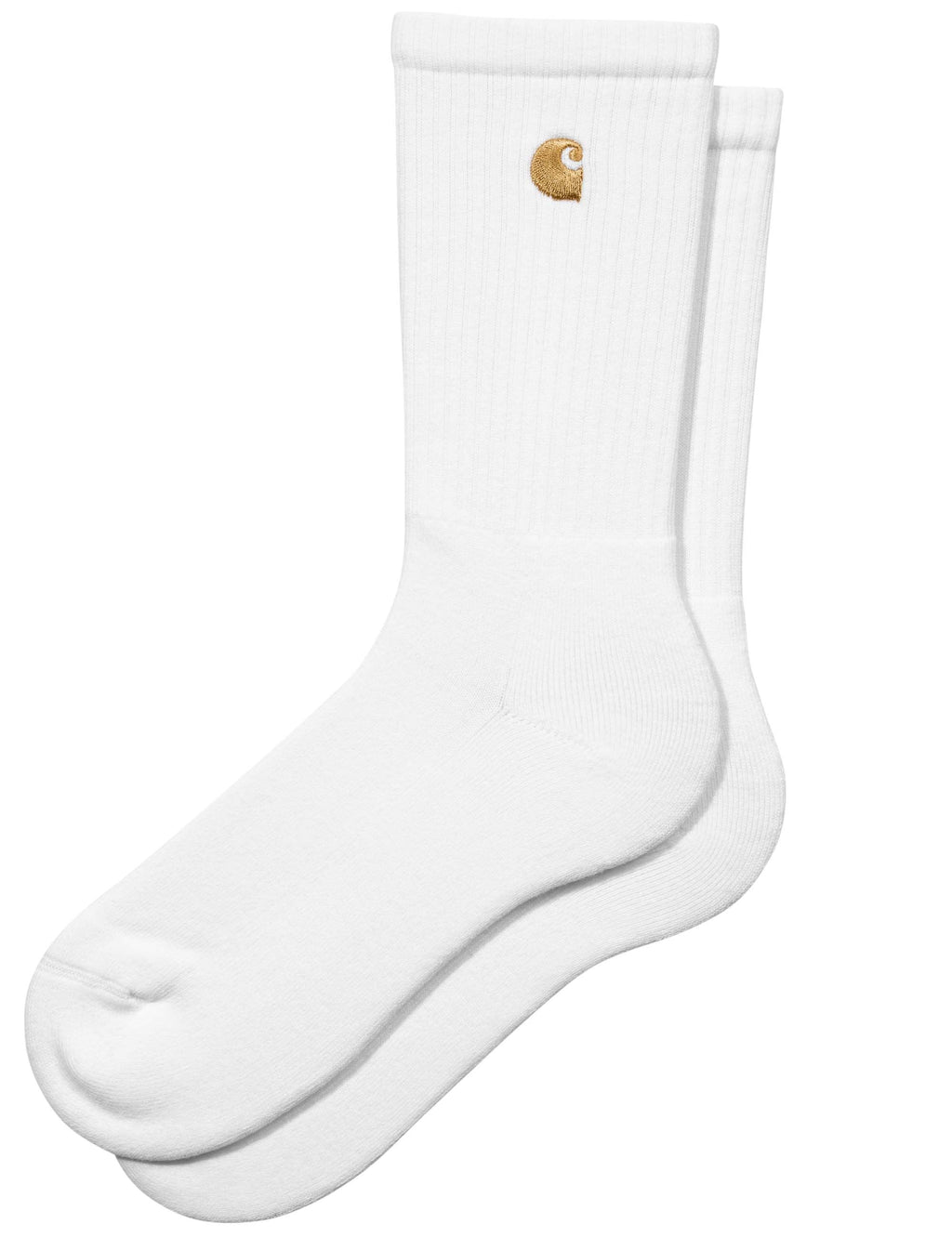 White crew socks with gold embroidered C logo on the ankle