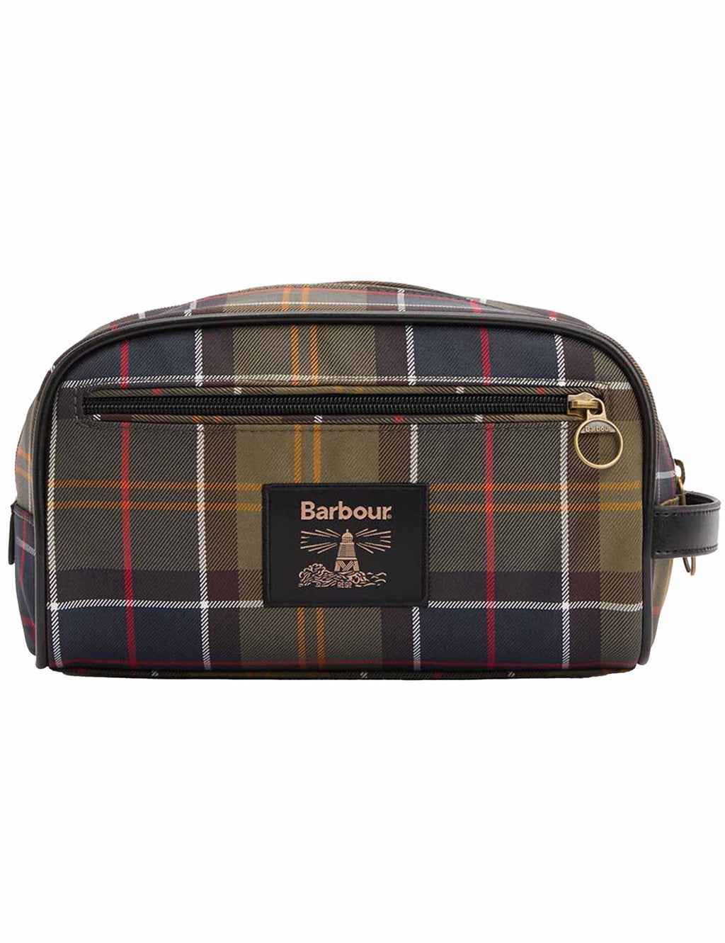 Tartan washbag with zip top, plaid fabric body, round metal pull, leather-look trim