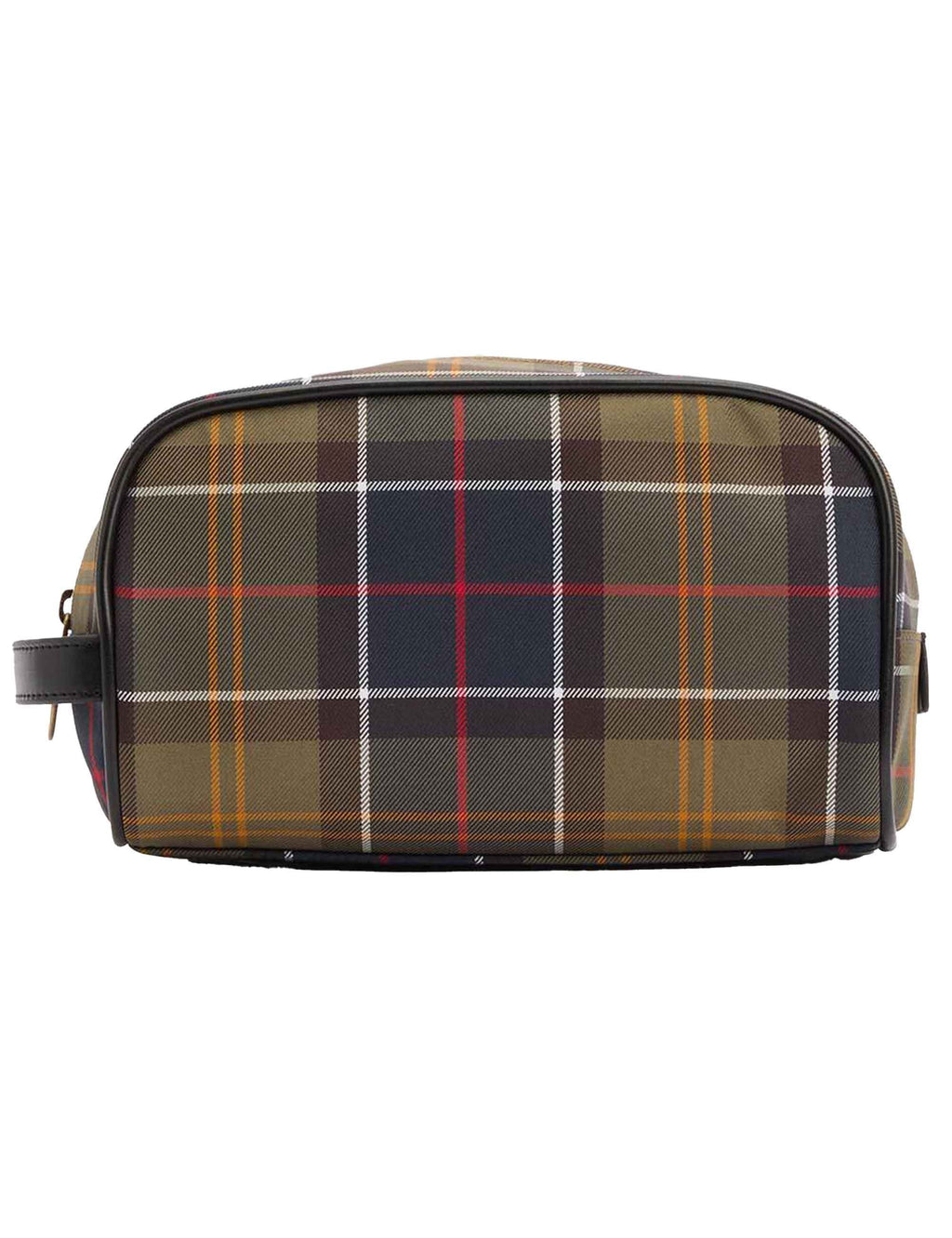 Tartan washbag front view with zip closure and plaid pattern, flat base, leather-look trim