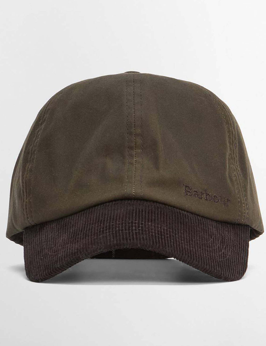 Olive and brown Barbour cap with dark brim, stitched back panel and logo