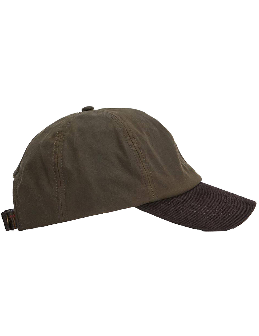Olive and brown Barbour cap with dark brim, side view