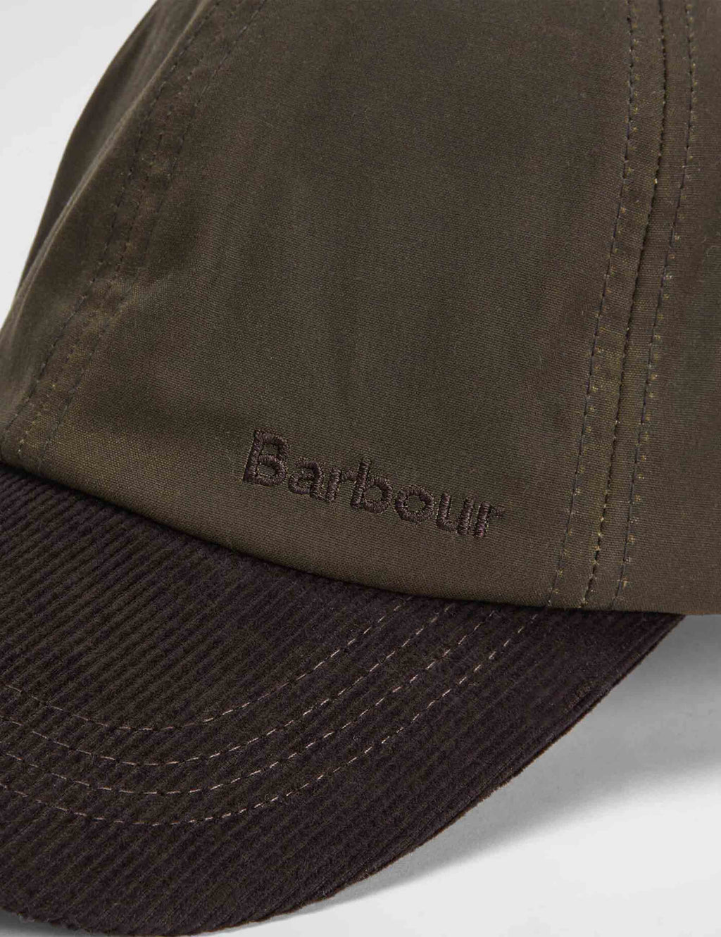 Olive Barbour cap with dark brown brim, embroidered Barbour logo