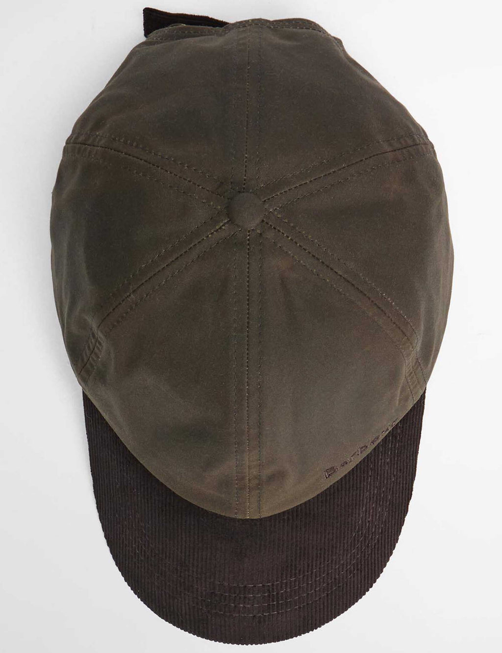 Olive and dark Barbour cap back with diamond seam and dark brim