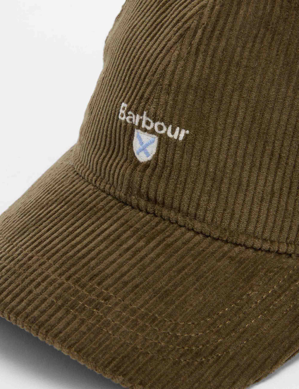 Olive corduroy cap with Barbour logo patch on front