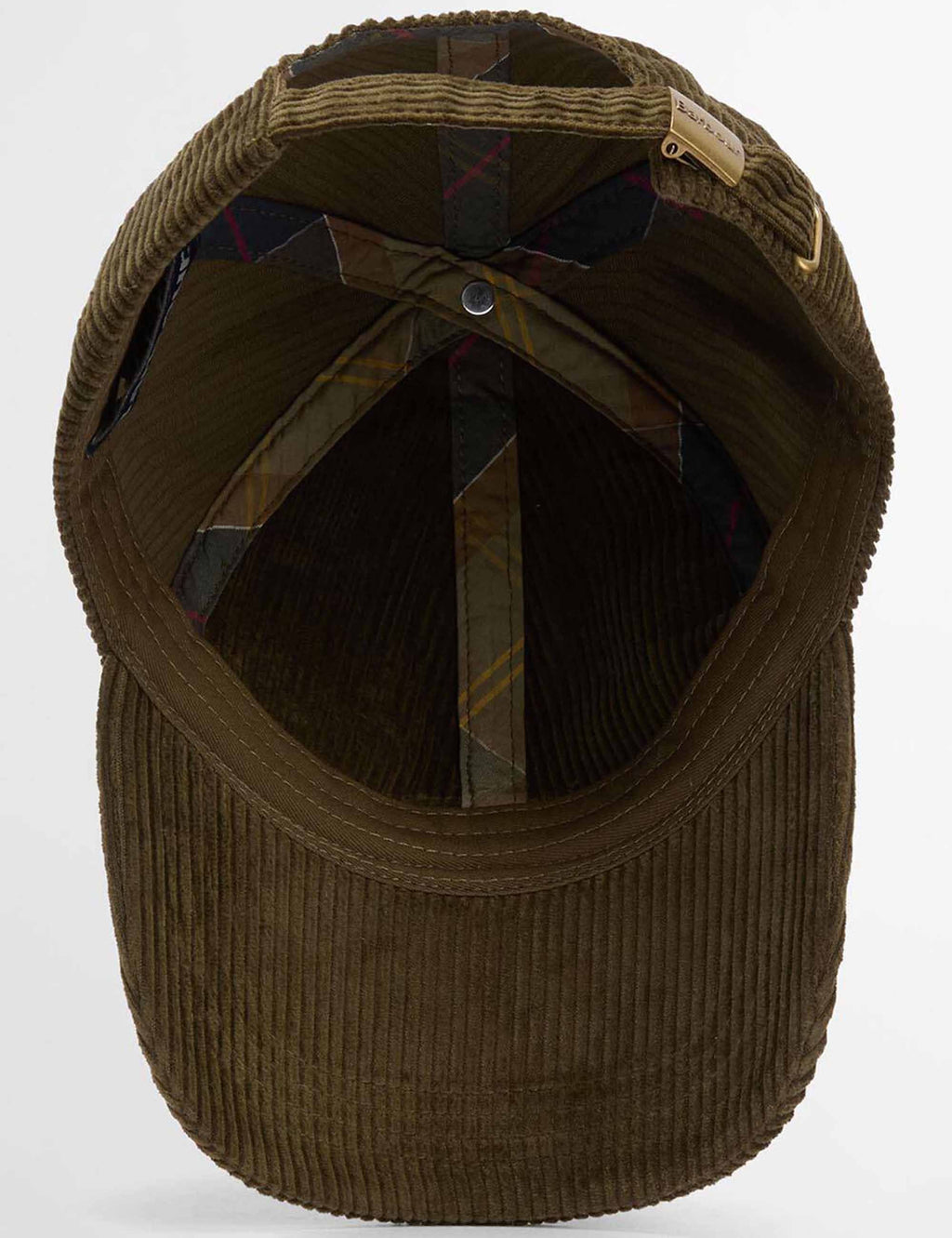Olive corduroy cap interior view with adjustable back strap