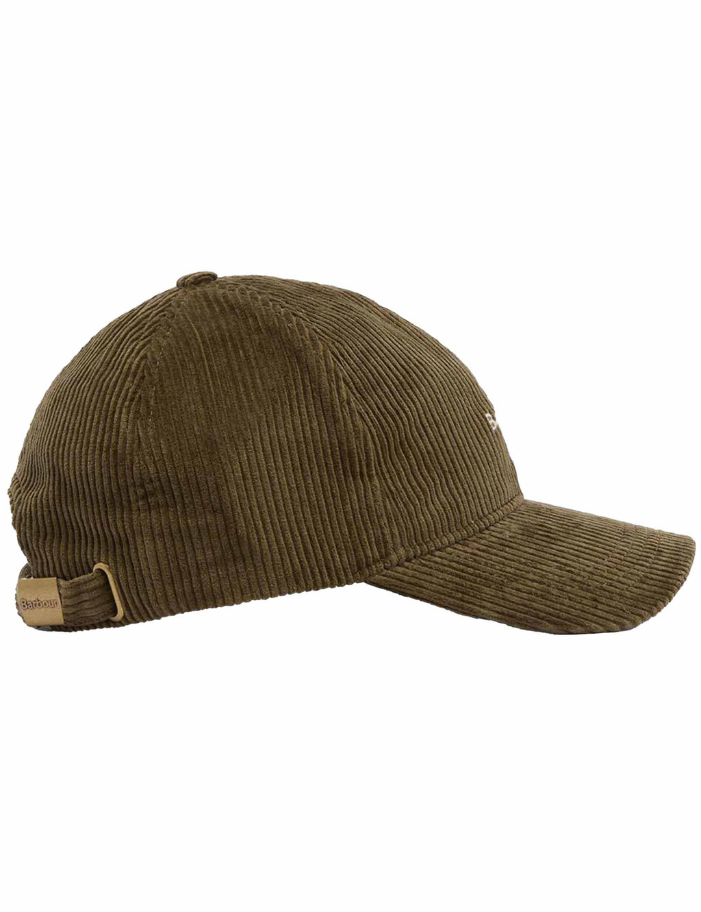 Olive corduroy baseball cap, side view with Barbour badge detail